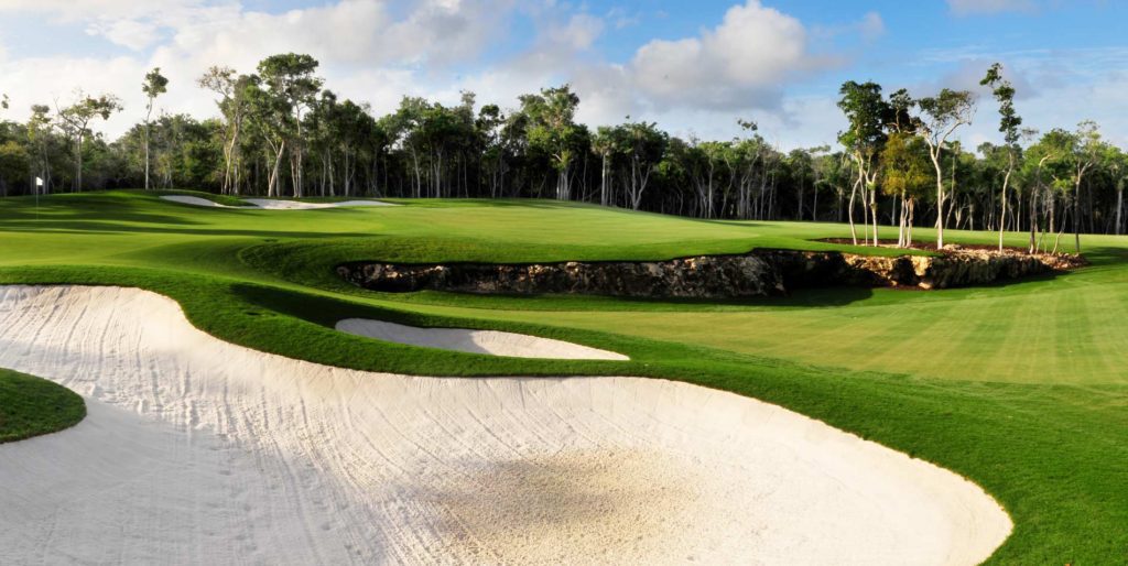 A golf course with trees and a green.