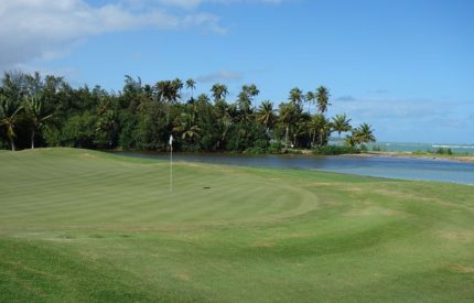 A golf course with trees and water in the background.
