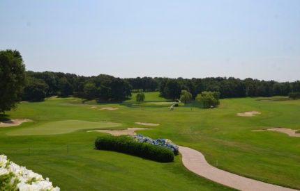 A view of a golf course from above.