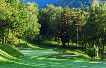A golf course with trees and green grass.
