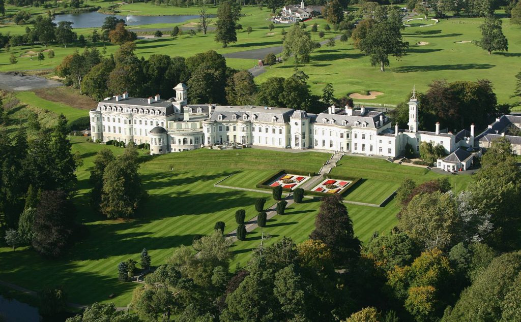 An aerial view of a large white castle.