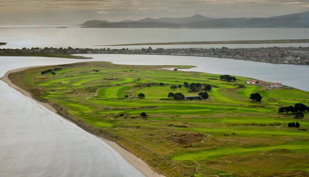 A view of the ocean from above shows a grassy area with trees and bushes.