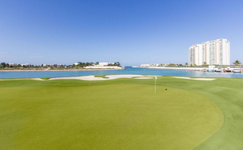 A golf course with a green and white sand area.