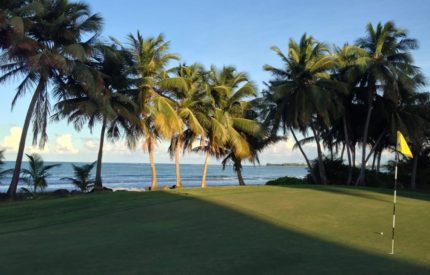 A view of the ocean from a golf course.