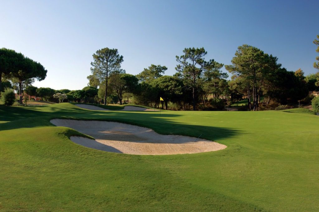 A golf course with sand traps and trees.