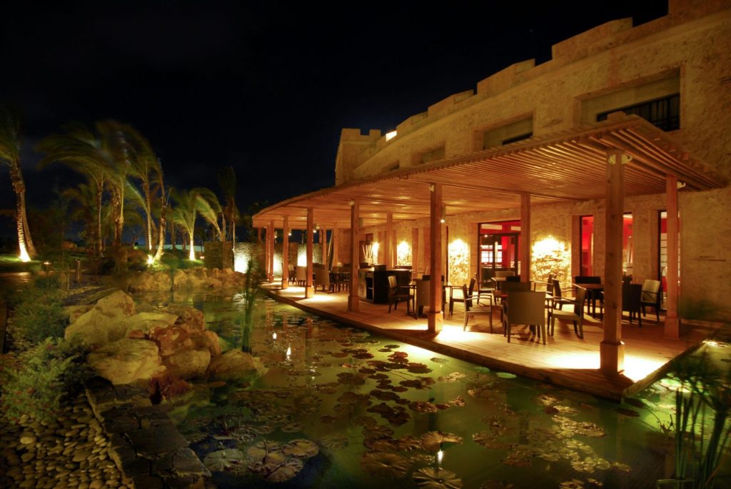 A night time view of the outside patio.