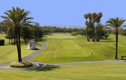 A golf course with palm trees and a white building.