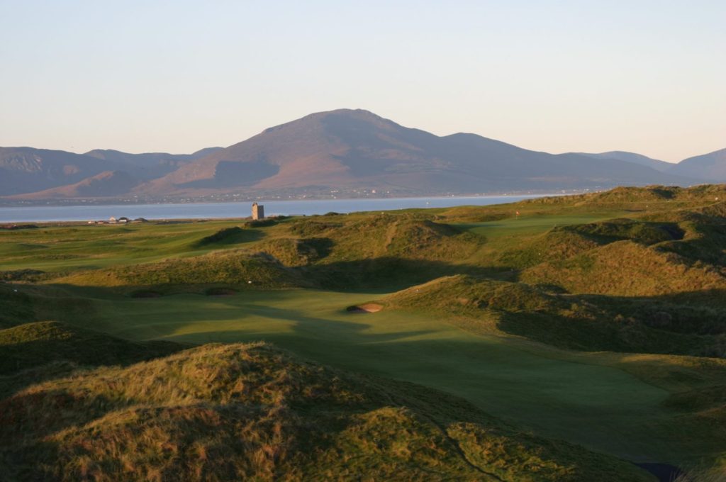 A view of the ocean from a golf course.