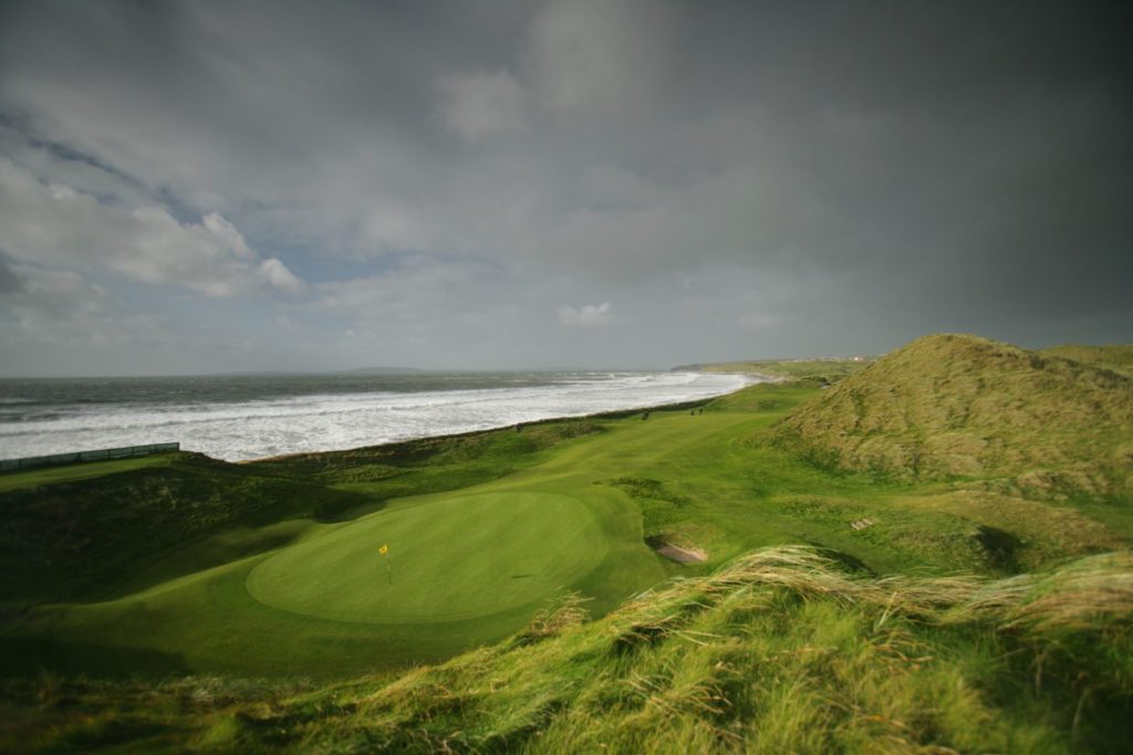 A view of the ocean from above the green.