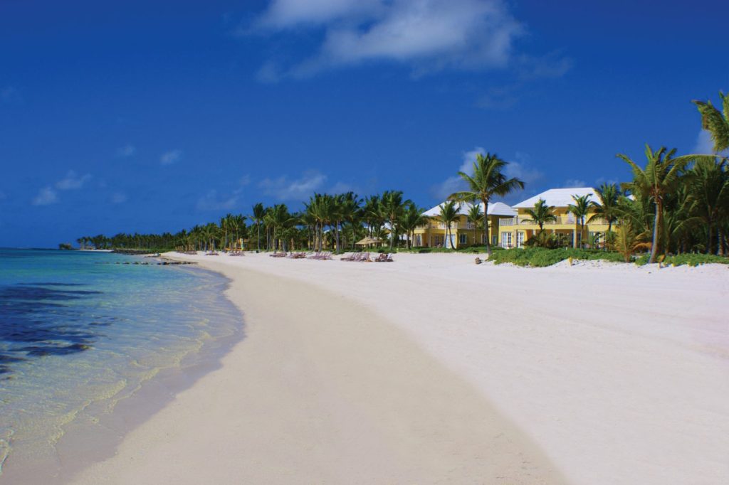 A beach with white sand and palm trees.