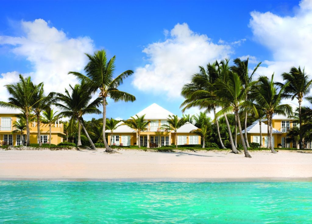 A beach with palm trees and some buildings