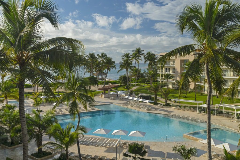 A large pool surrounded by palm trees and lawn chairs.