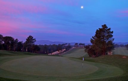 A golf course with trees and the moon in the background.