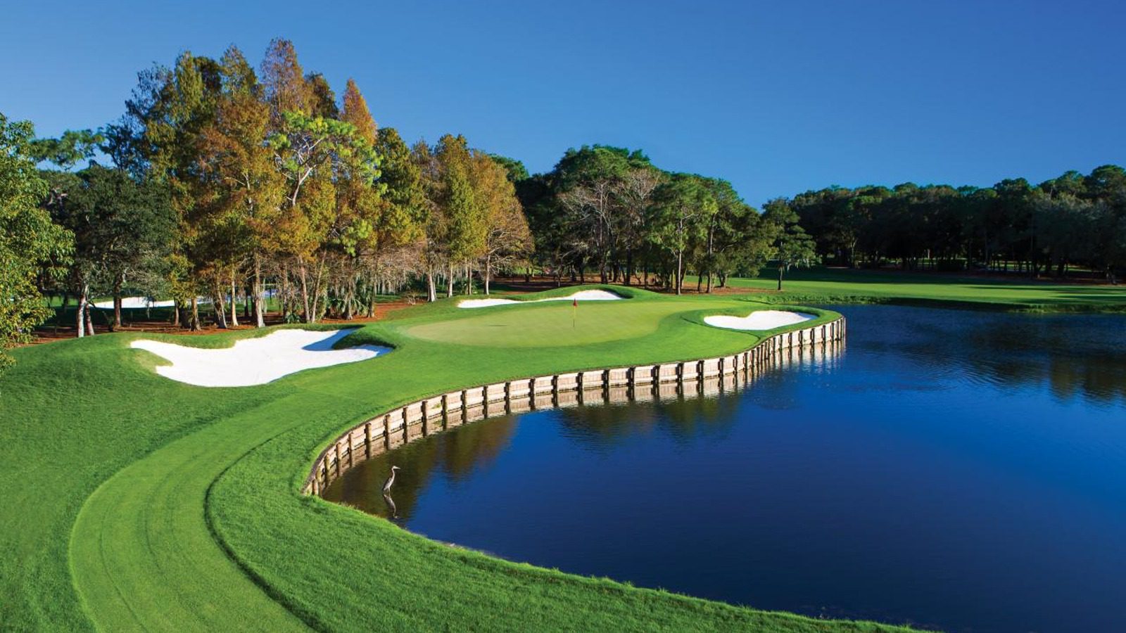 Golf course with pond and green.